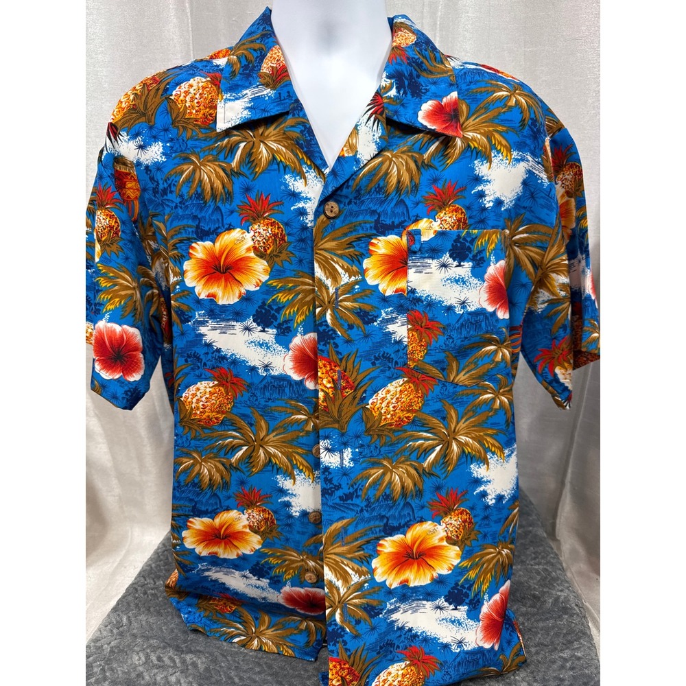 Roundy Bay Mens Blue Tropical Pineapple Hibiscus Hawaiian Button Down Shirt L‎